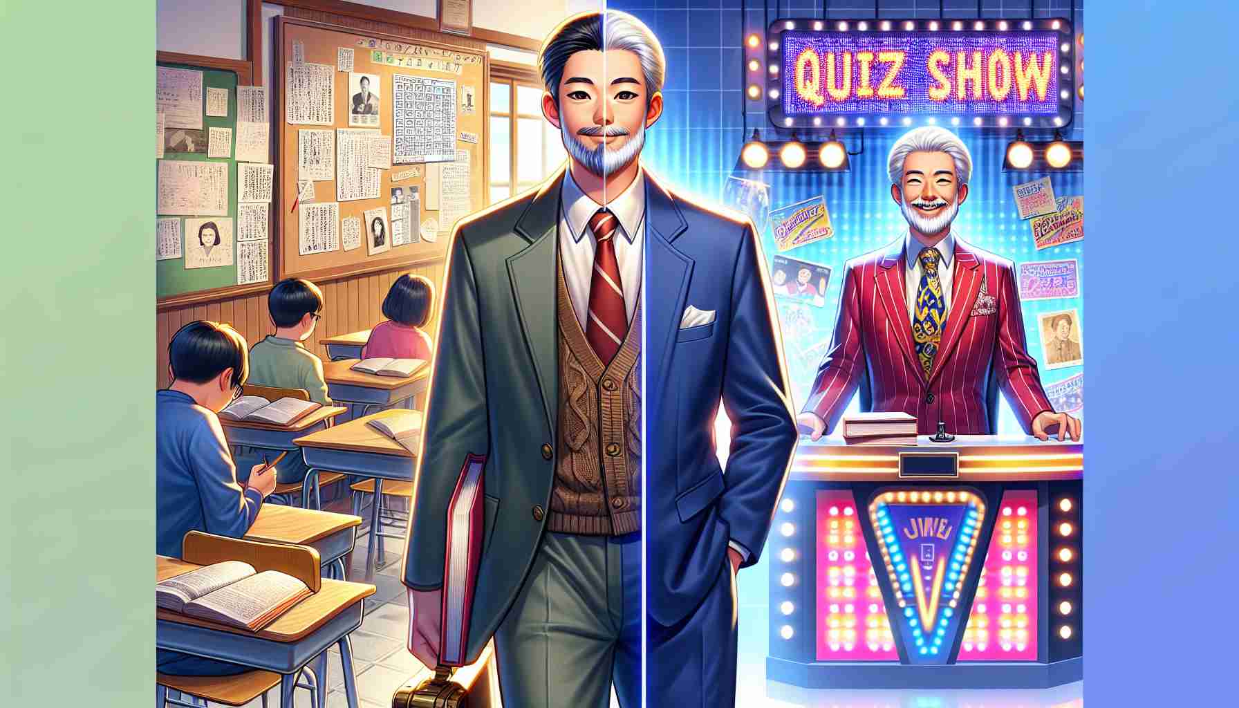 Create a high-definition and realistic image showing a journey from a traditional classroom setting, filled with boards and books, to a vibrant quiz show set with flashy lights and trivia buzzers. As for the person on this journey, depict an individual of non-specified gender and Japanese descent. This person should display features of someone used to both environments - a scholarly look on one side and a charismatic, showman-like attire on the other.