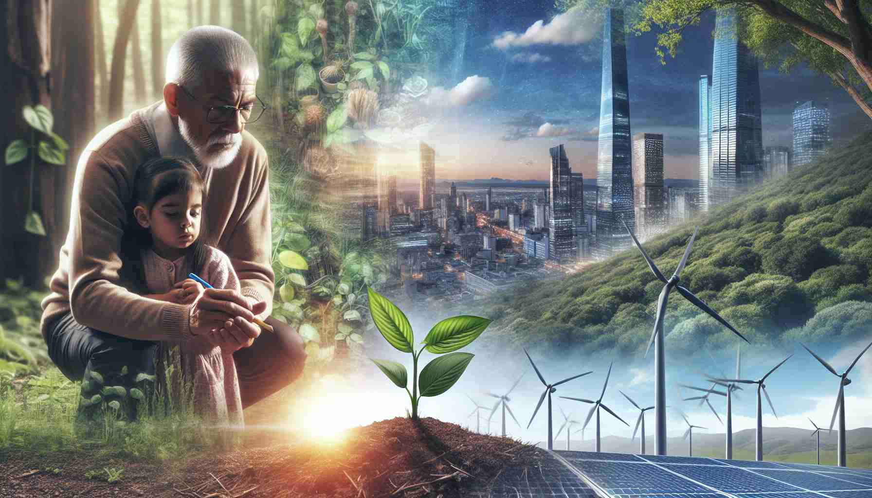 A realistic, high-resolution image that symbolizes the concept of rethinking growth in favor of a more sustainable future. This could be represented by an image of a lush, thriving forest subtly transitioning into a bustling cityscape. In the foreground, an elder and a young child of Hispanic extract are seen studying a sprouting seedling. Behind them, a wind farm and a solar power plant are powering the city, indicating a shift towards renewable energy sources.