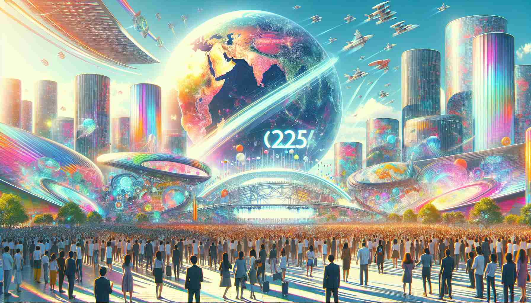 Generate a vibrant high definition illustration portraying the atmosphere of a future world exhibition. Use the year 2025 and location of Osaka as context. Highlight global unity and excitement, with imaginative structures and technology that could be characteristic of such an event. Picture a crowd of diverse people from all around the world, enjoying this global gathering, under a bright sky. Do not include any politicians or public figures.