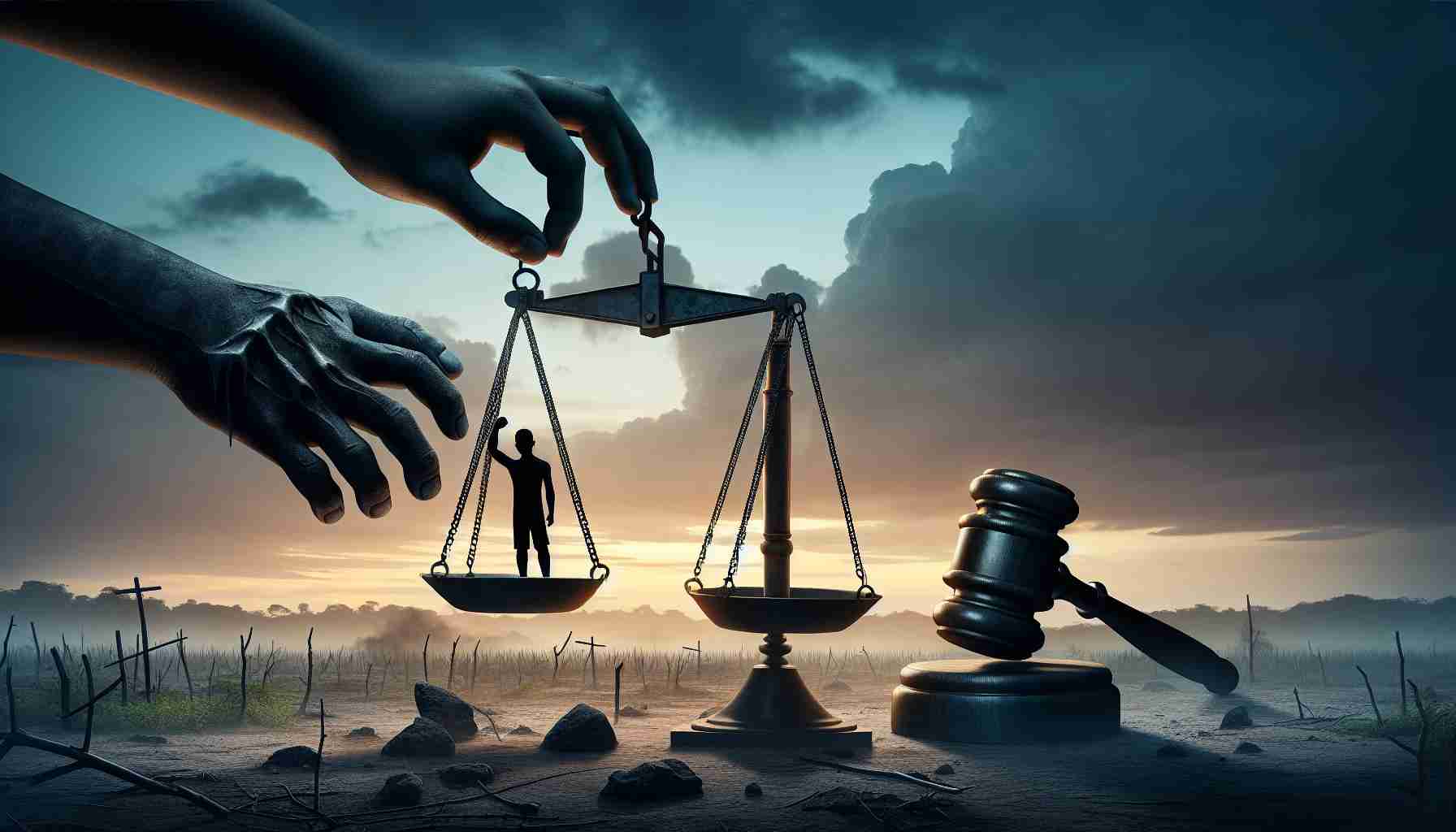 A realistic HD image depicting the metaphorical battle against human trafficking in Cambodia facing a grim setback. Show a balance scale, with justice on one side, tipping in favor of a dark silhouette representing human trafficking due to the weight of a large, ominous gavel, symbolizing the setback. Complement this with a poignant background of the Cambodian landscape, aiming to capture the gravity of the situation.