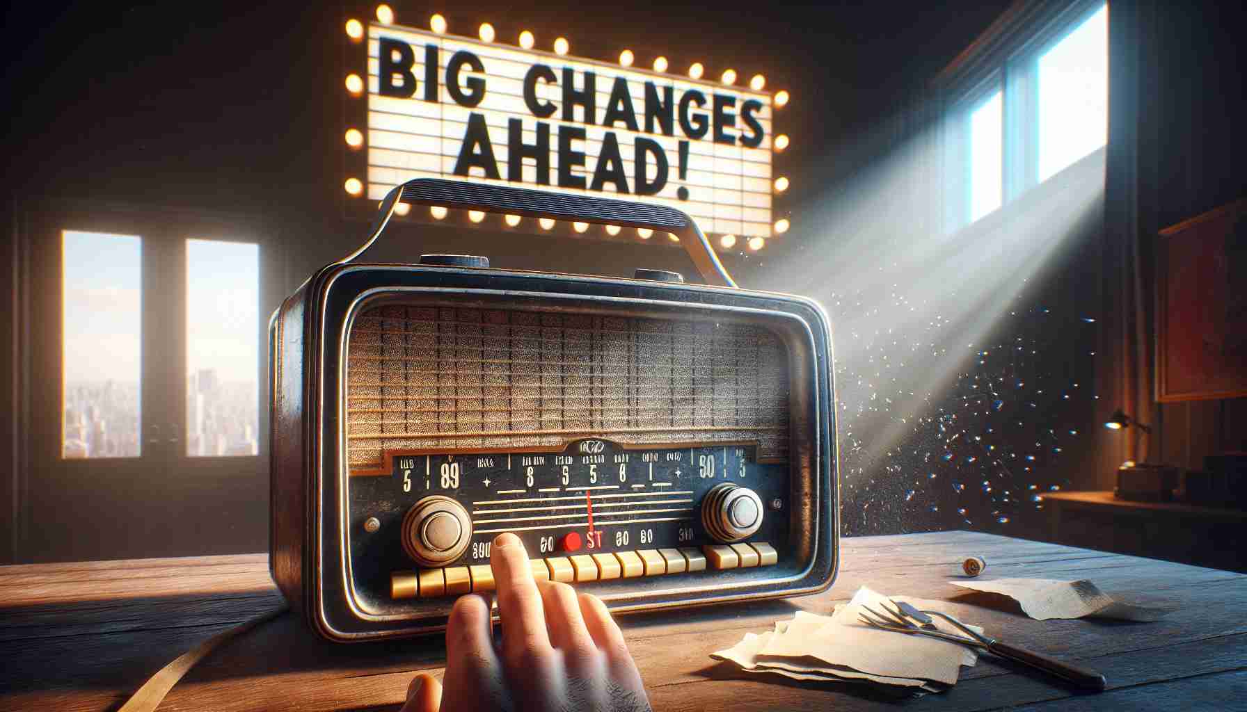 An ultra high-definition, realistic picture showcasing a visual metaphor for a popular radio show coming to an end. The image can contain a large, vintage style radio with the 'stop' button prominently displayed and being pressed. In the background, a large billboard or sign signifies the phrase 'Big Changes Ahead!' with bold, eye-catching letters. The general ambiance is one of nostalgic sadness mixed with anticipation for something new and exciting. Sunbeam filters through an unseen window illuminating dust particles, further enhancing the room's atmosphere.