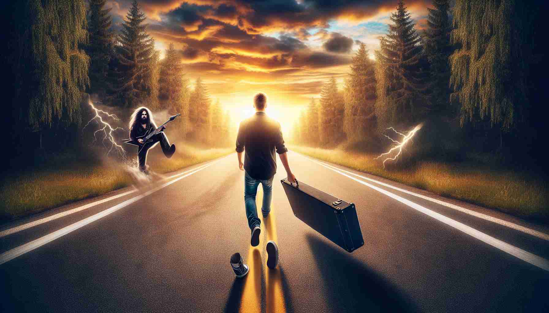 A hyperrealistic HD photo capturing the journey of a talented Finnish male musician, leaving a popular symphonic metal band and embarking on a path of self-discovery. The image can represent this figuratively, perhaps as a road stretching out before the musician or a sunrise symbolizing new beginnings.