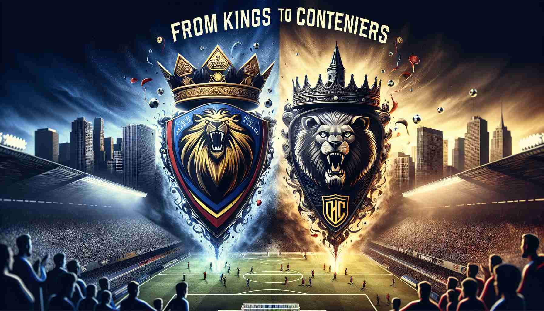 Create a realistic, high-definition image representing the rivalry between two major soccer teams. On the left, illustrate the emblem of a traditional king-like soccer club, towering, with an aura of superiority. On the right, show a symbol of a competitive, gritty, contender-like soccer team that is hungry for victory. Overlaid, incorporate text saying 'From Kings to Contenders'. Exceptionally, the scene is filled with energy, tension, and anticipation of a challenging match.