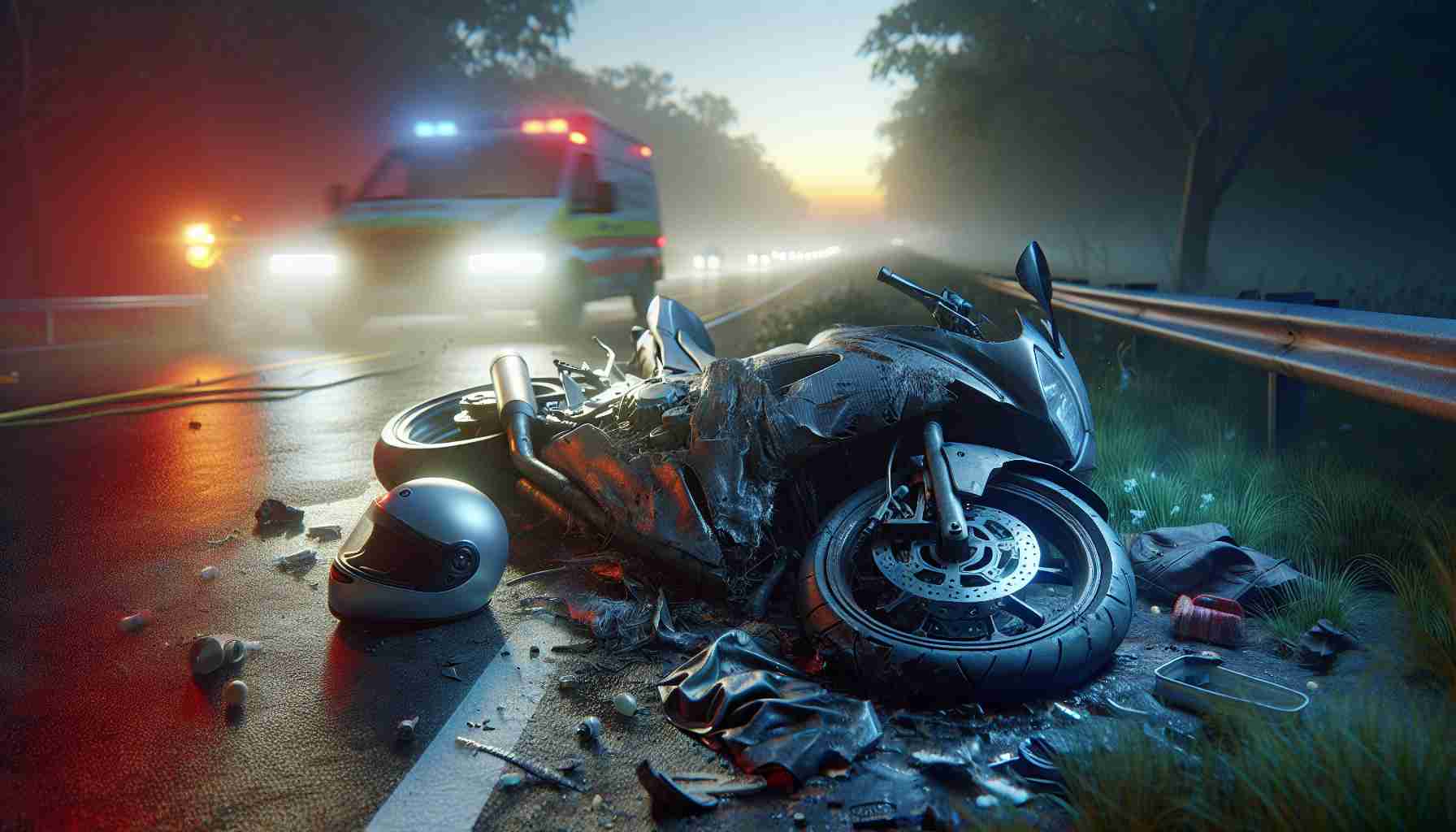 A realistic and high-definition image depicting the tragic scene of an early morning motorbike accident. There is no direct human element in the scene. The motorcycle is resting by the roadside, severely damaged, with fragments scattered around. A helmet lies a few feet away. The surrounding area is lit with the first light of dawn, painting an eerie mix of beauty and desolation. Emergency lights twirl in the distance, contributing to the somber atmosphere.